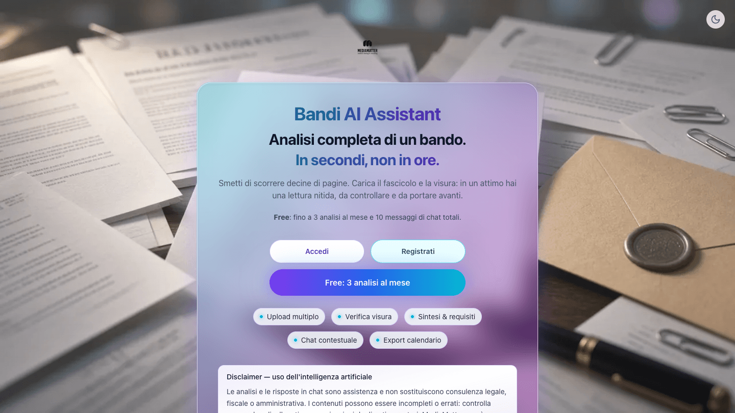 Homepage di Bandi AI Assistant: analisi completa di un bando in secondi, con accesso e piano Free