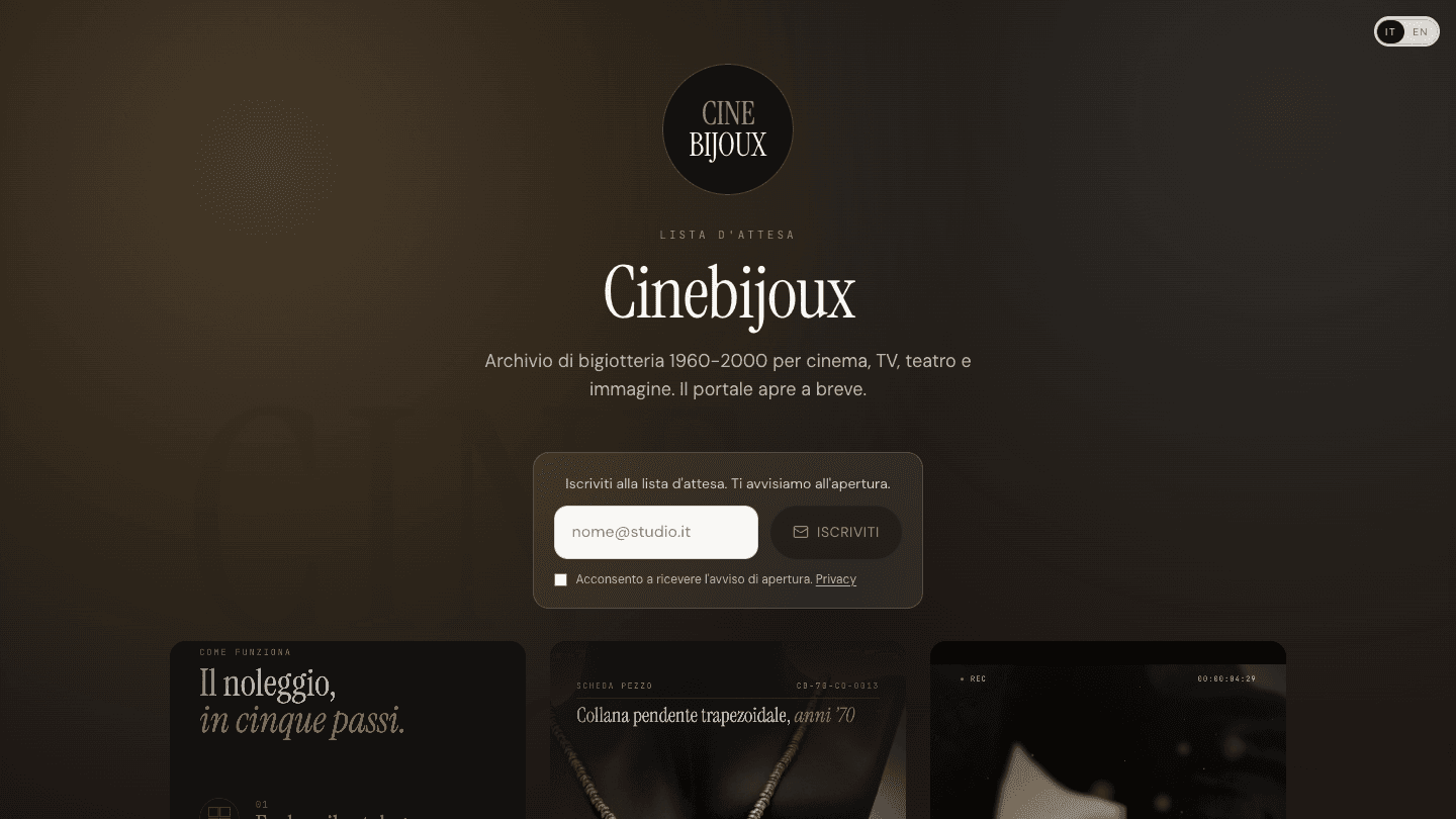 Homepage di cinebijoux.it con logo, lista d'attesa e anteprime del noleggio