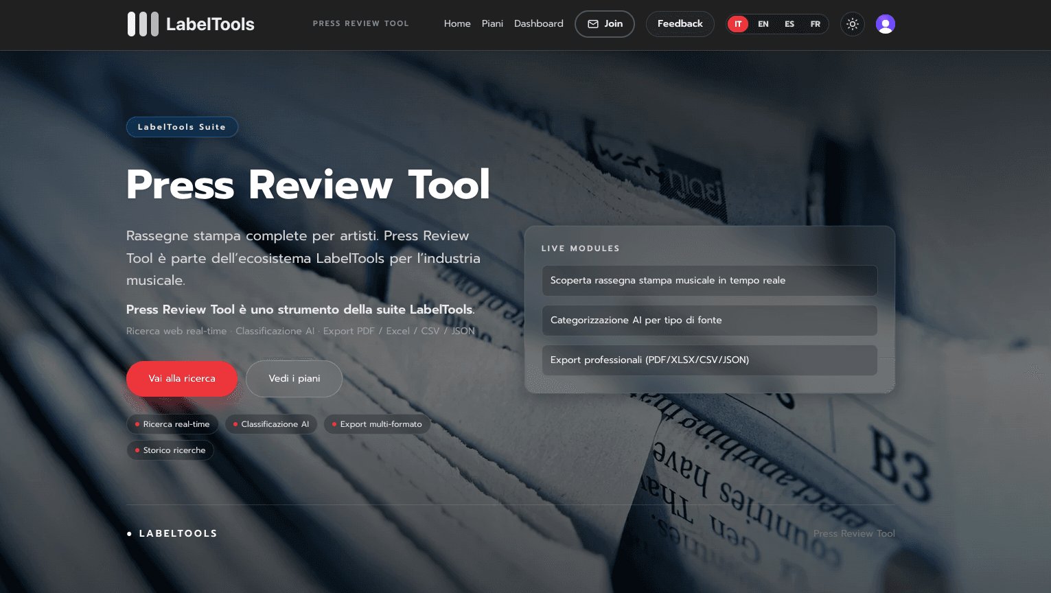 Homepage Press Review Tool — LabelTools Suite con live modules: ricerca real-time, categorizzazione AI, export professionale
