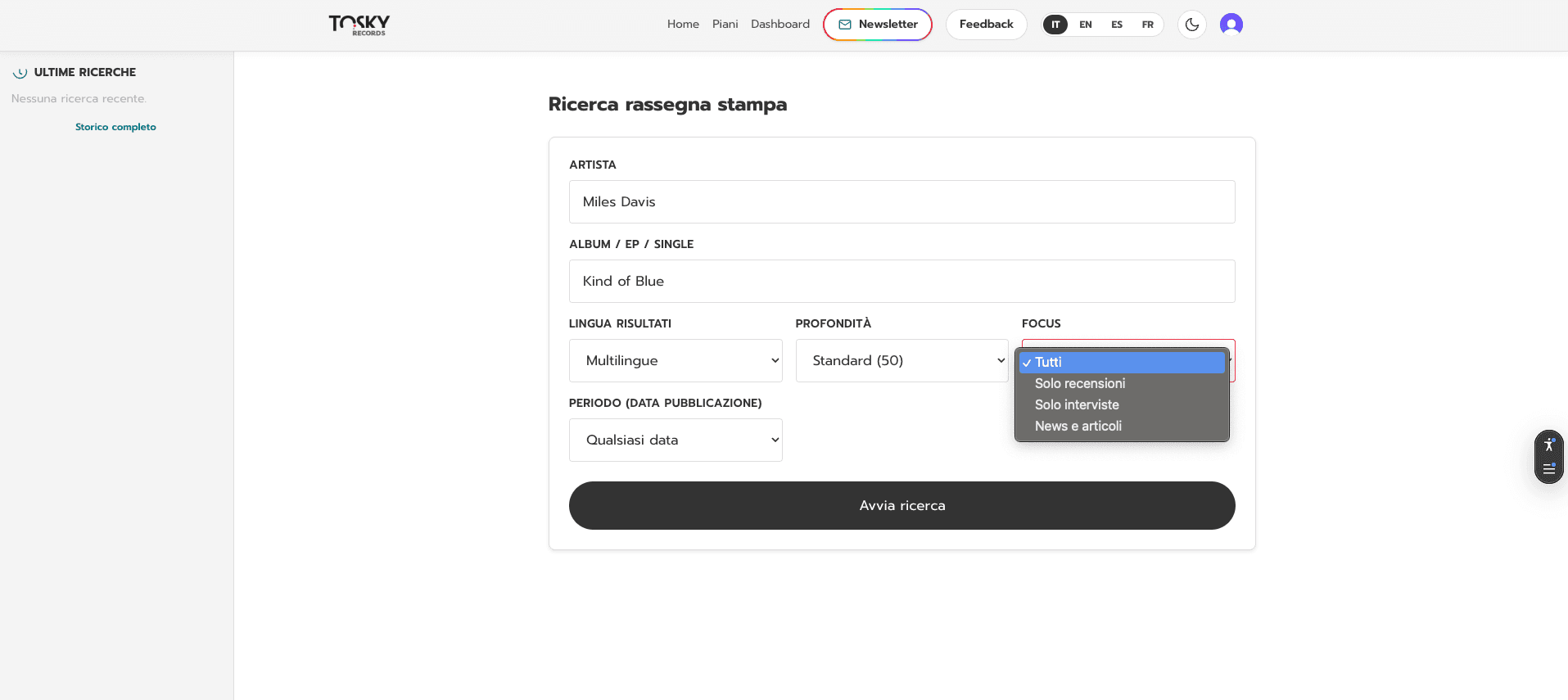 Form di ricerca rassegna stampa con campi Artista, Album, Lingua, Profondità, Focus e Periodo